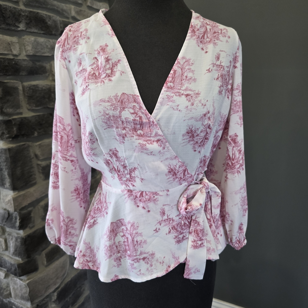 Women's Pink Toile Wrap Blouse - Elegant V-Neck Top